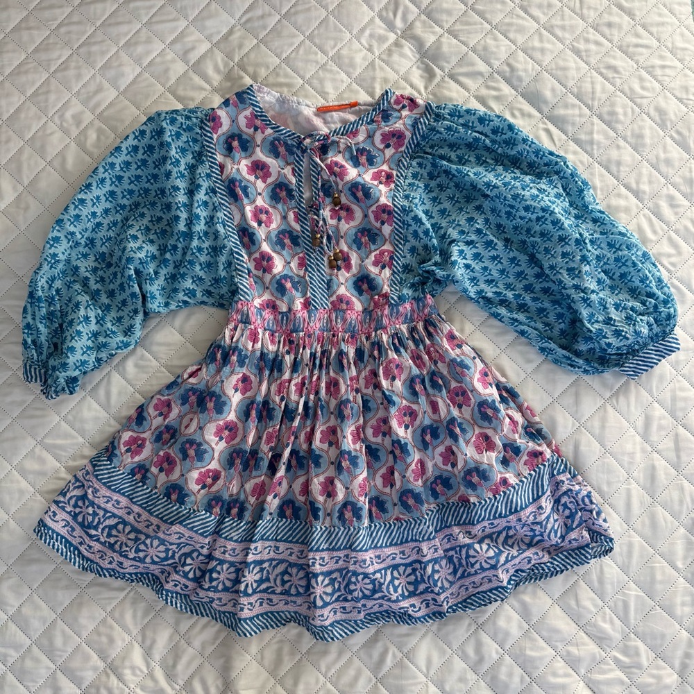 Oliphant India Cotton Ballon Sleeve Boho Mini Dress Size S Blue Pink Floral - Picture 11 of 13